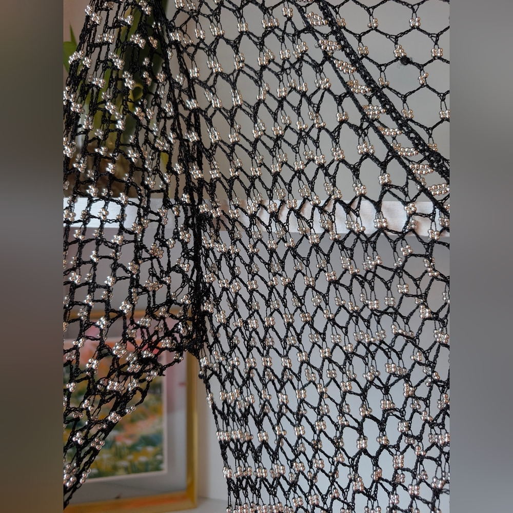 Mesh Net Cardigan Sheer Knit Black and Silver Beaded Small Festival Boho Rave - Picture 5 of 8